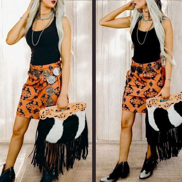 HomeFolk Dresses & Skirts - HomeFolk Boutique Orange Horse Lovers Mini Skirt Size Large NWT